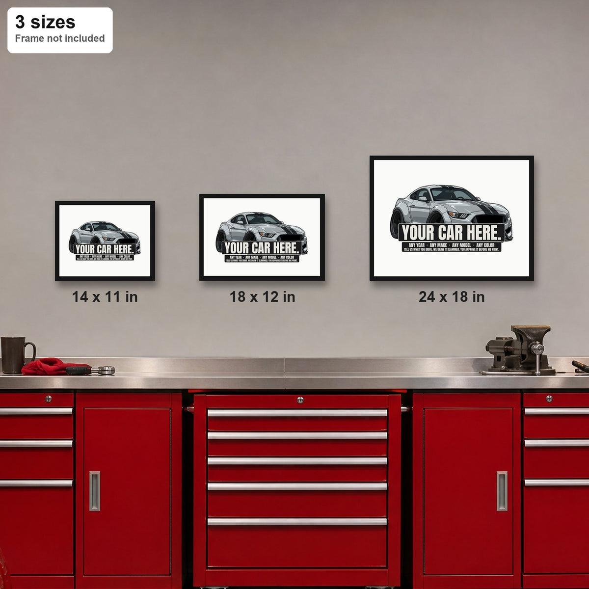 The three poster sizes side by side: 14 x 11, 18 x 12 and 24 x 18 in (frames not included)